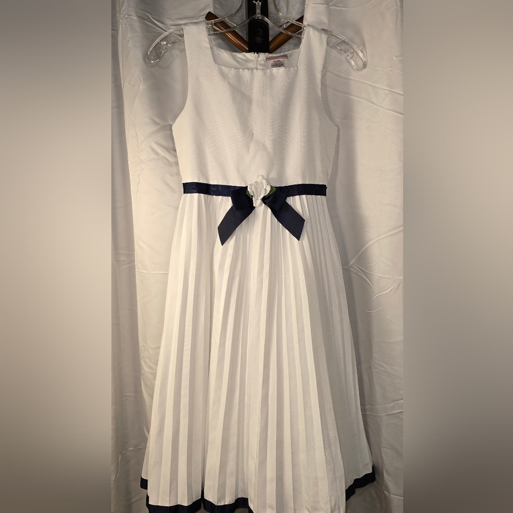Elegant White Dress with Navy Accents And Trim - Perfect For Easter